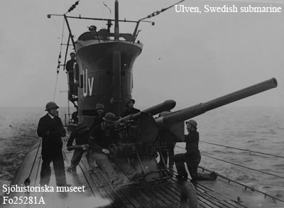 Swedish submarine Ulven, with its 10,5 cm gun in action