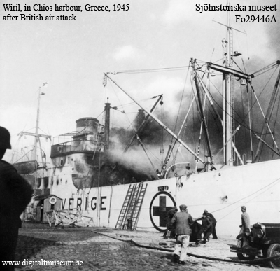 Swedish Red Cross ship Wiril burning after a bomb attack in Chios harbour in Greece